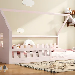 Cabinebed voor kinderen 90×200 cm – in de vorm van een huis – in grenenhout en MDF – Roze