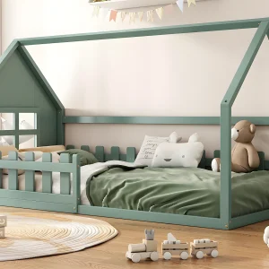 Cabinebed voor kinderen 90×200 cm – in de vorm van een huis – in grenenhout en MDF – Groen