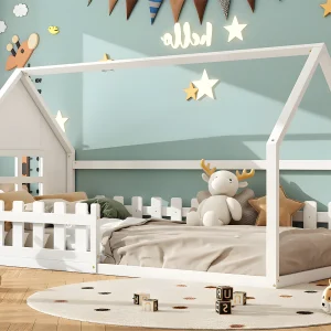 Cabinebed voor kinderen 90×200 cm – in de vorm van een huis – in grenenhout en MDF – Wit