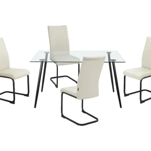 Danny | Set eettafel 140×80 cm en 4 stoelen in crème fluweel Danny | Set eettafel 140×80 cm en 4 stoelen in crème fluweel