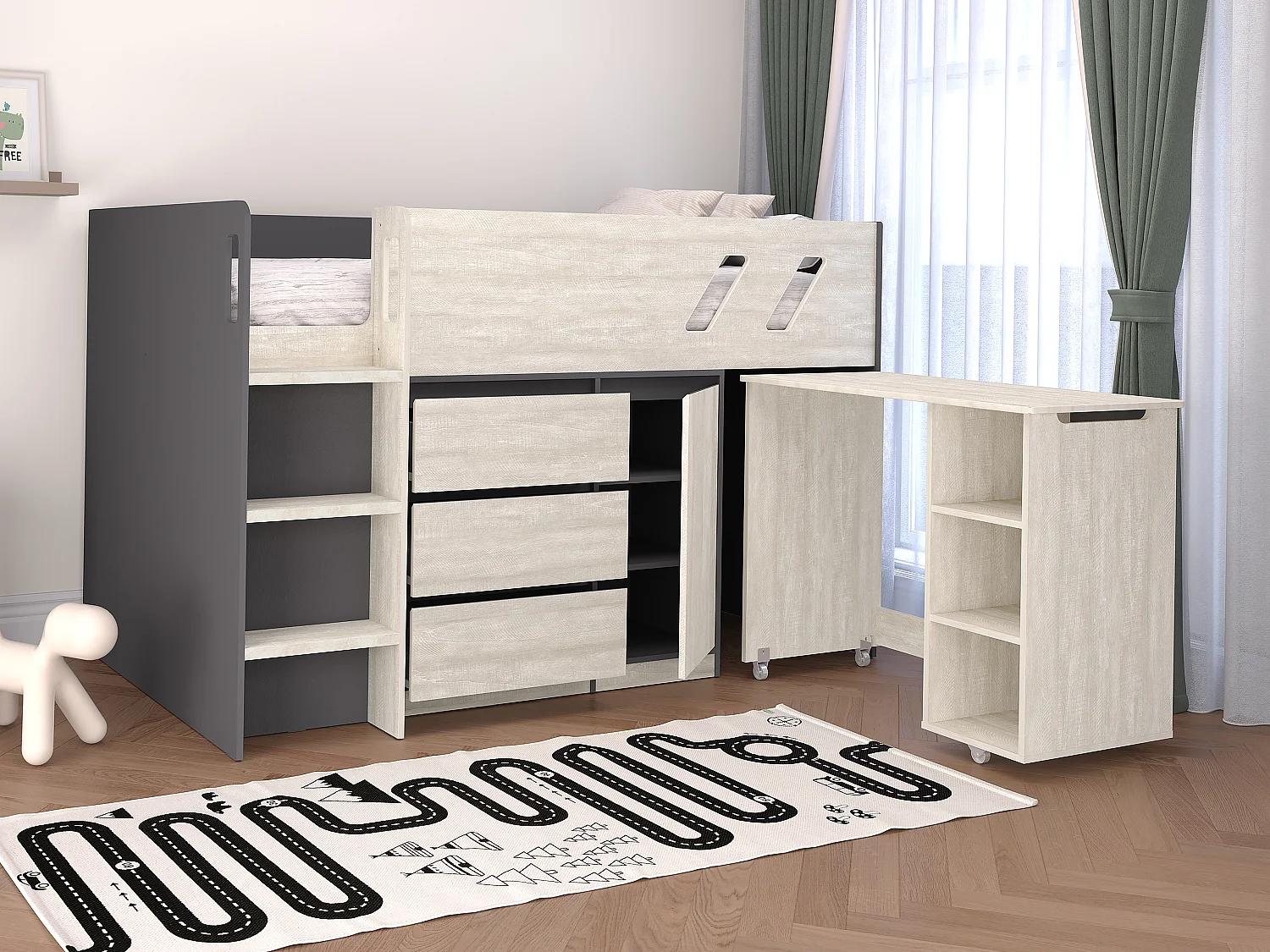 Combinatiebed 90 x 190 cm met opbergruimte in donkergrijs en houtlook + matras - SAGITI