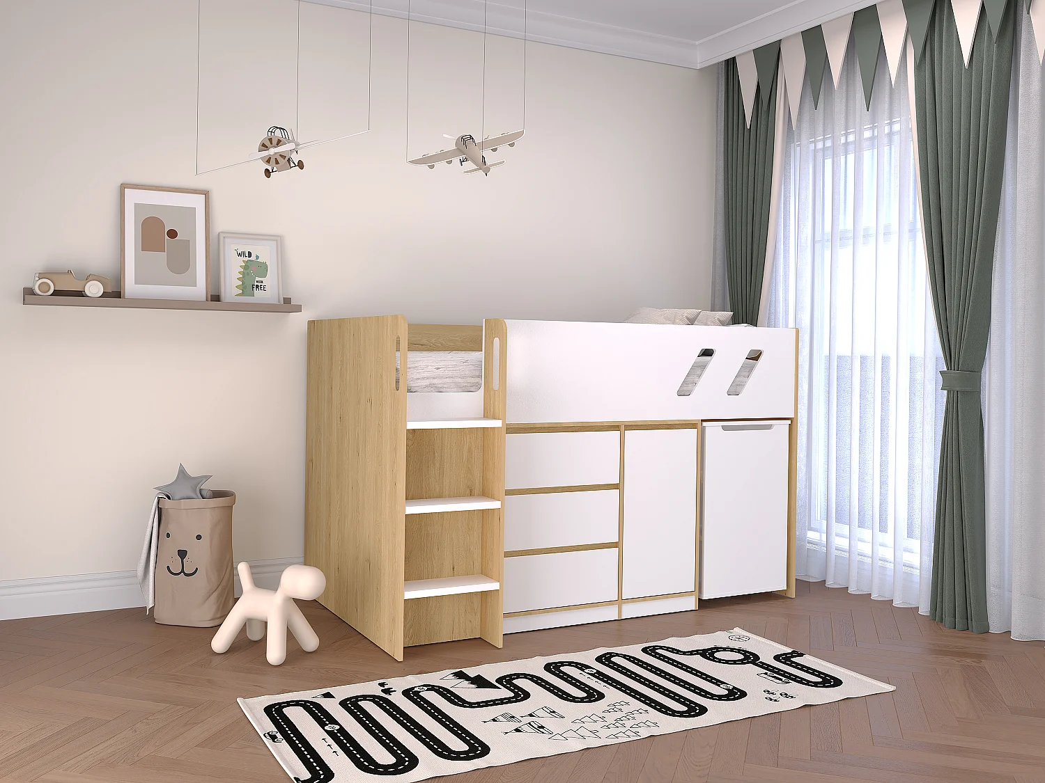 Combinatiebed 90 x 190 cm met opbergruimte in houtlook en wit + matras - SAGITI