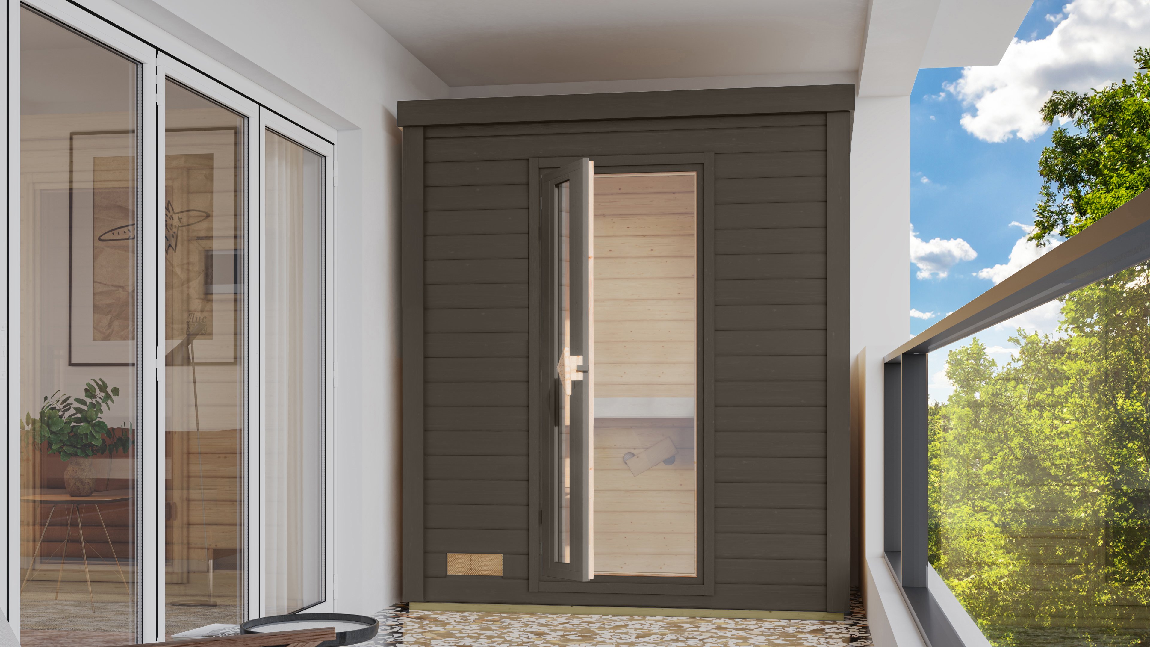 Balkonsauna Hytti 0 Terragrijs 200x117x228cm – 38mm Wanddikte