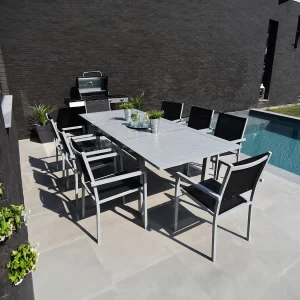 CAPRI uitschuifbaar zwart textilene tuinset 8 zitplaatsen – grijs aluminium CAPRI uitschuifbaar zwart textilene tuinset 8 zitplaatsen – grijs aluminium