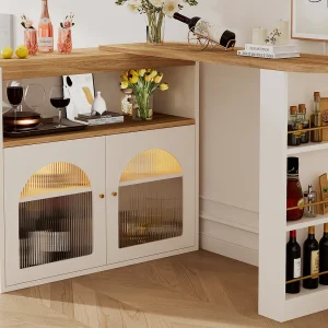 Draaibare barkast – 2 deuren, 3 opbergplanken en nis – Bovenblad met MDF-houteffect – LED's – Naturel en wit