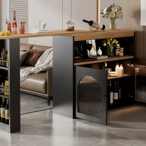 Draaibare barkast – 2 deuren, 3 opbergplanken en nis – Bovenblad met MDF-houteffect – LED's – Naturel en zwart