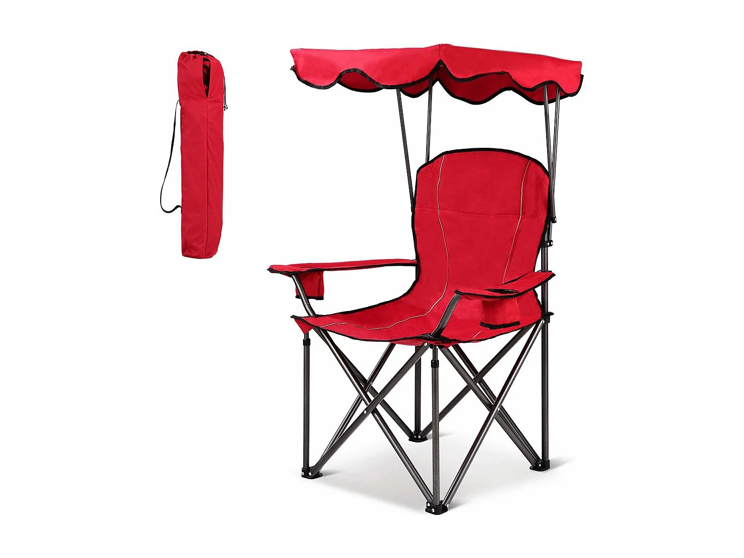 Chaise de CamBoisg avec Parasol/Chaise de Plage Pliante avec Porte-gobelet,Accoudoirs Portable 120 KG pour Plage,Pêche Rouge