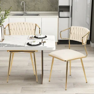 Set van 2 fluwelen en metalen stoelen – Keukenstoel voor restaurant en eetkamer – Beige