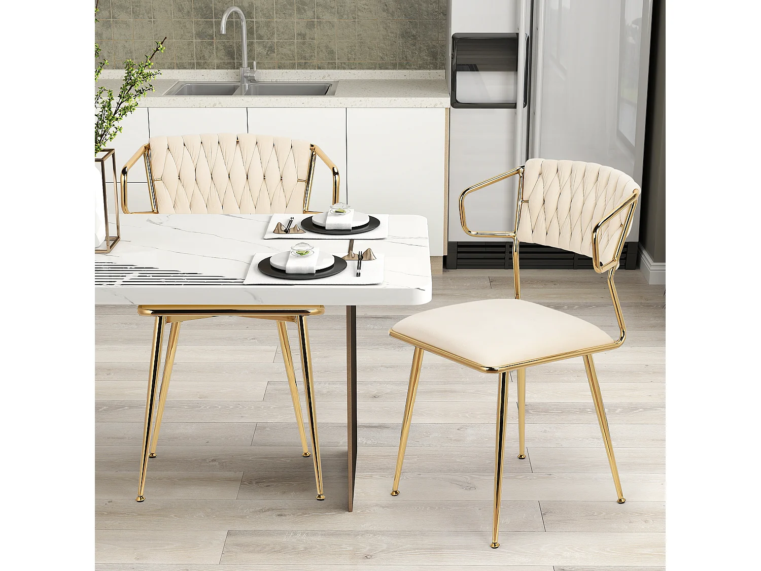 Set van 2 fluwelen en metalen stoelen - Keukenstoel voor restaurant en eetkamer - Beige