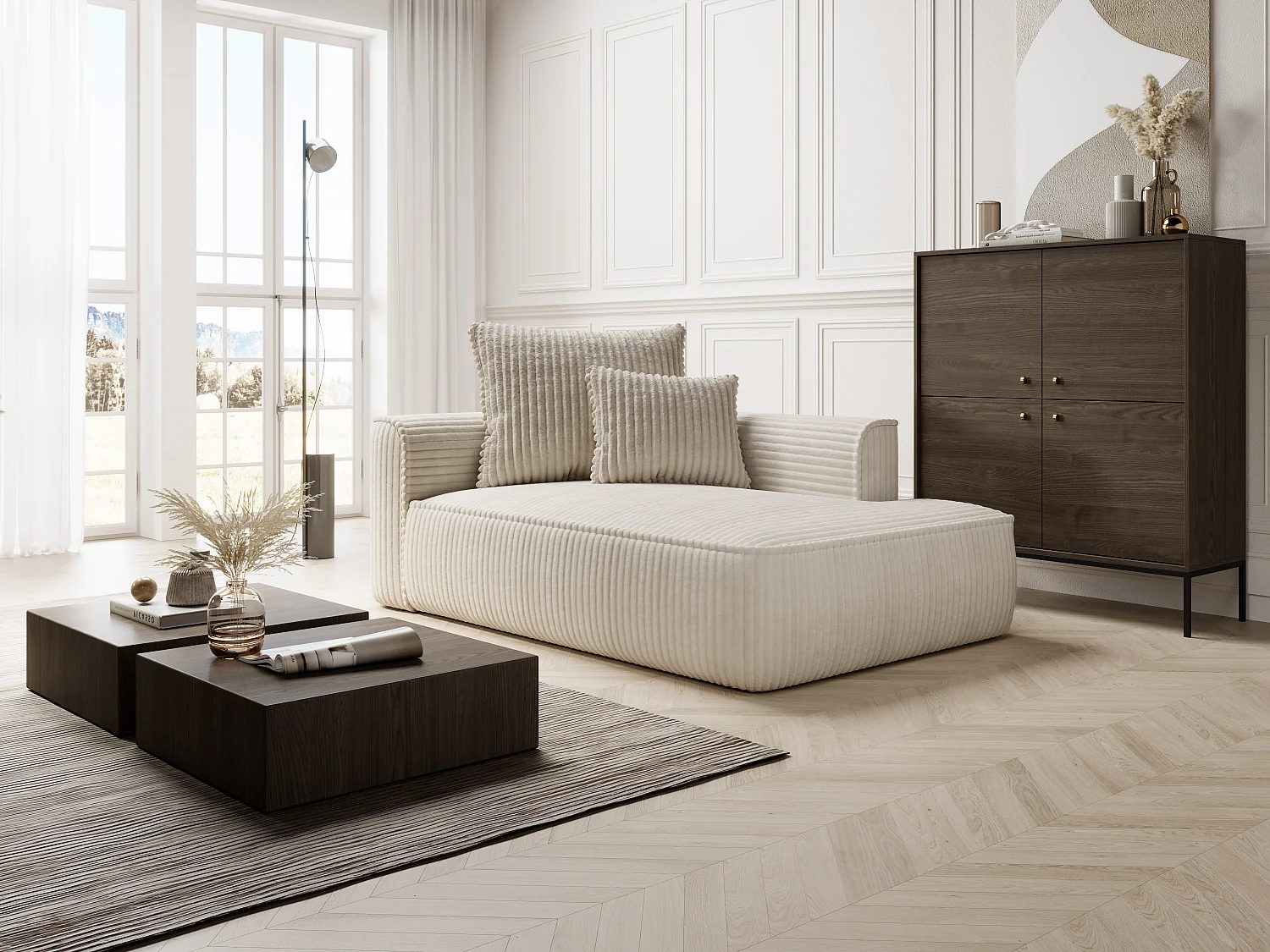 Chaise longue met hoek rechts van grof beige ribfluweel PINETA