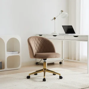 Bureaustoel met verstelbare hoogte in beige fluweel en goudkleurig metaal – PORIANI