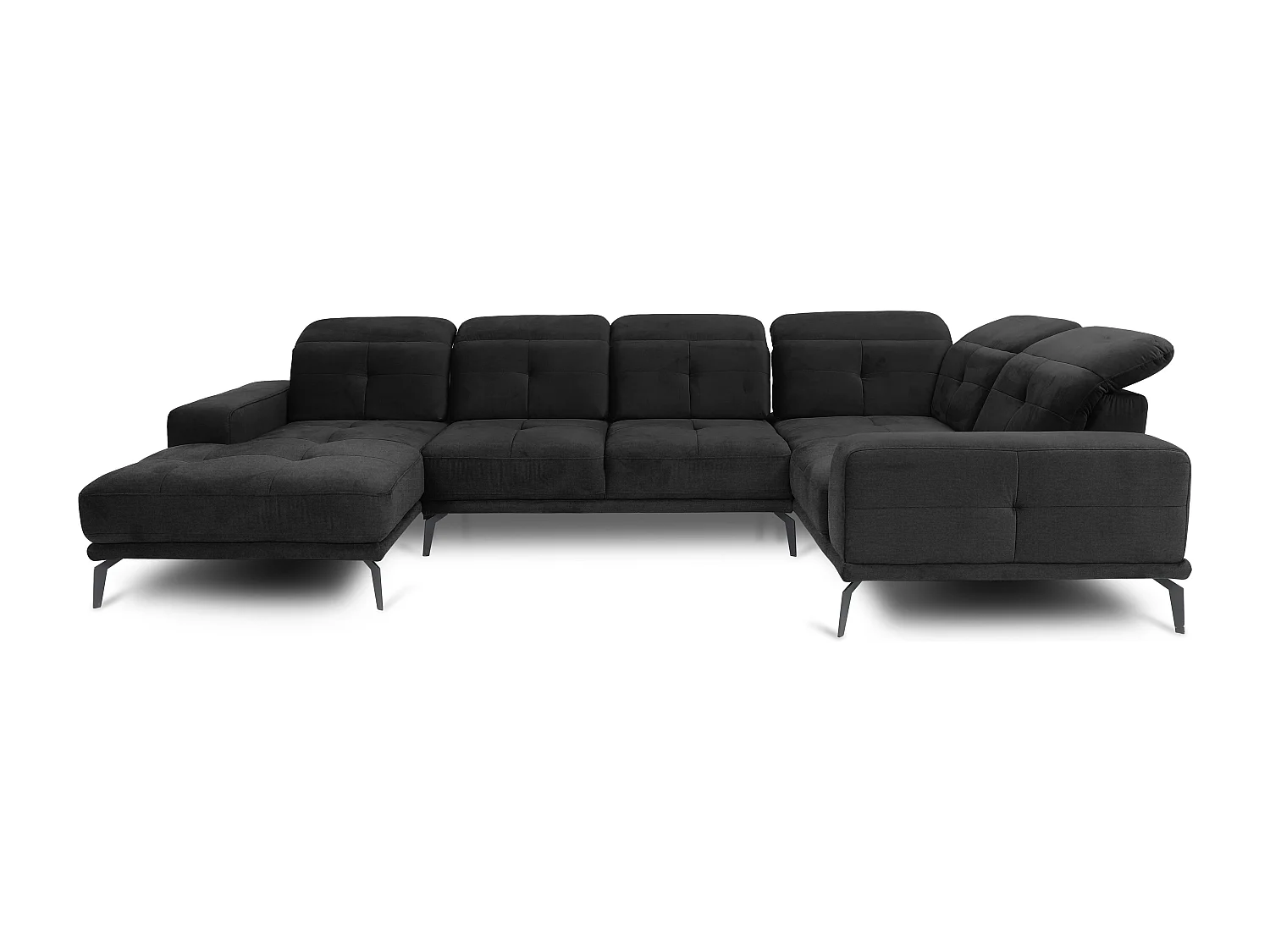 Design panoramische bank in zachte zwarte stof, rechte hoofdsteunen met Stan armleuning, 350 cm