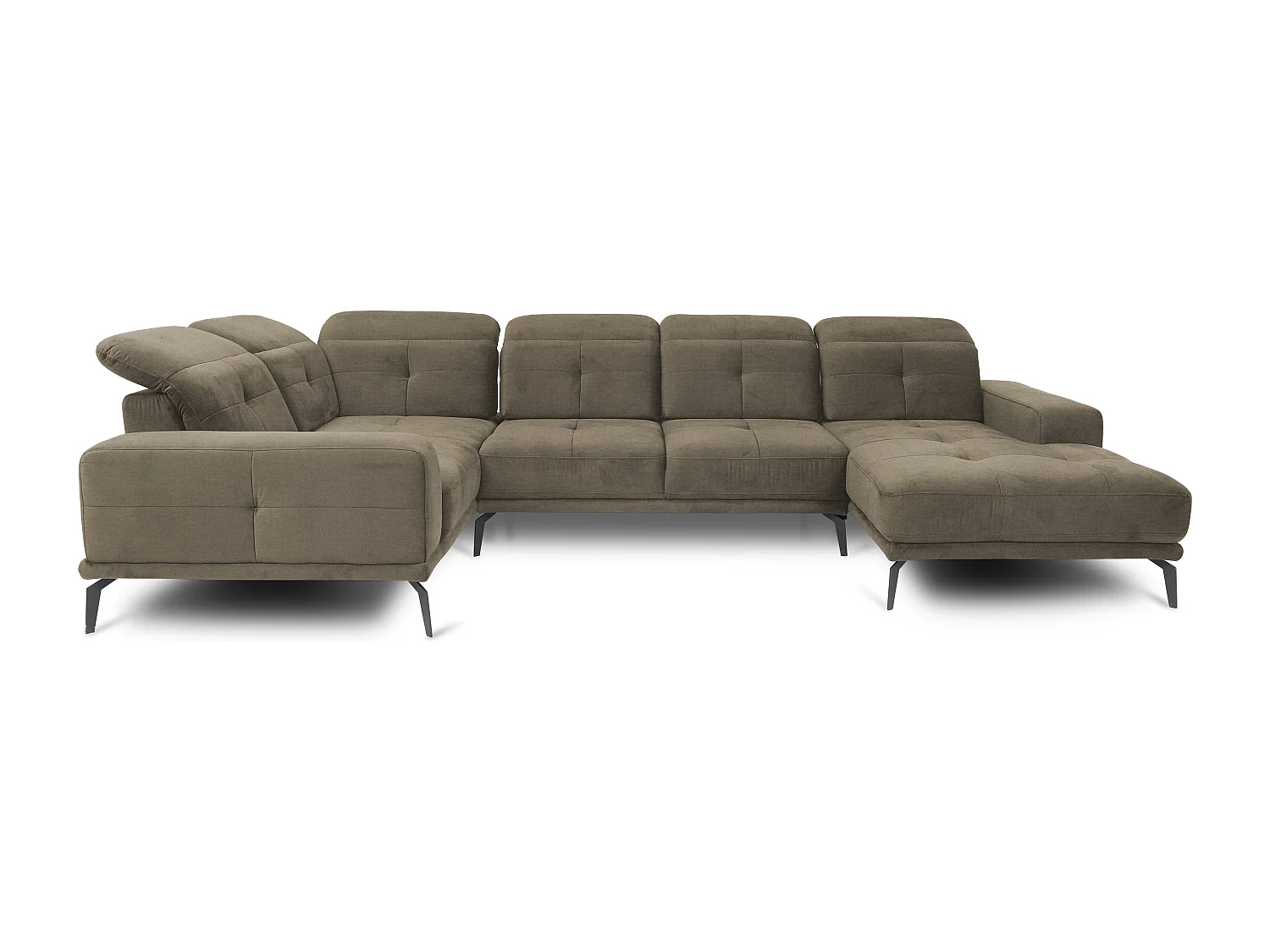 Design panoramische bank in donkerbeige stof hoofdsteunen linkerhoek met Stan armleuning 350 cm