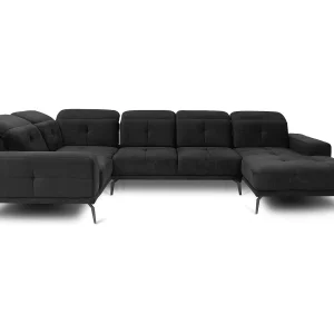 Design panoramische bank in zachte zwarte stof, hoekhoofdsteunen links met Stan armleuning 350 cm Design panoramische bank in zachte zwarte stof, hoekhoofdsteunen links met Stan armleuning 350 cm