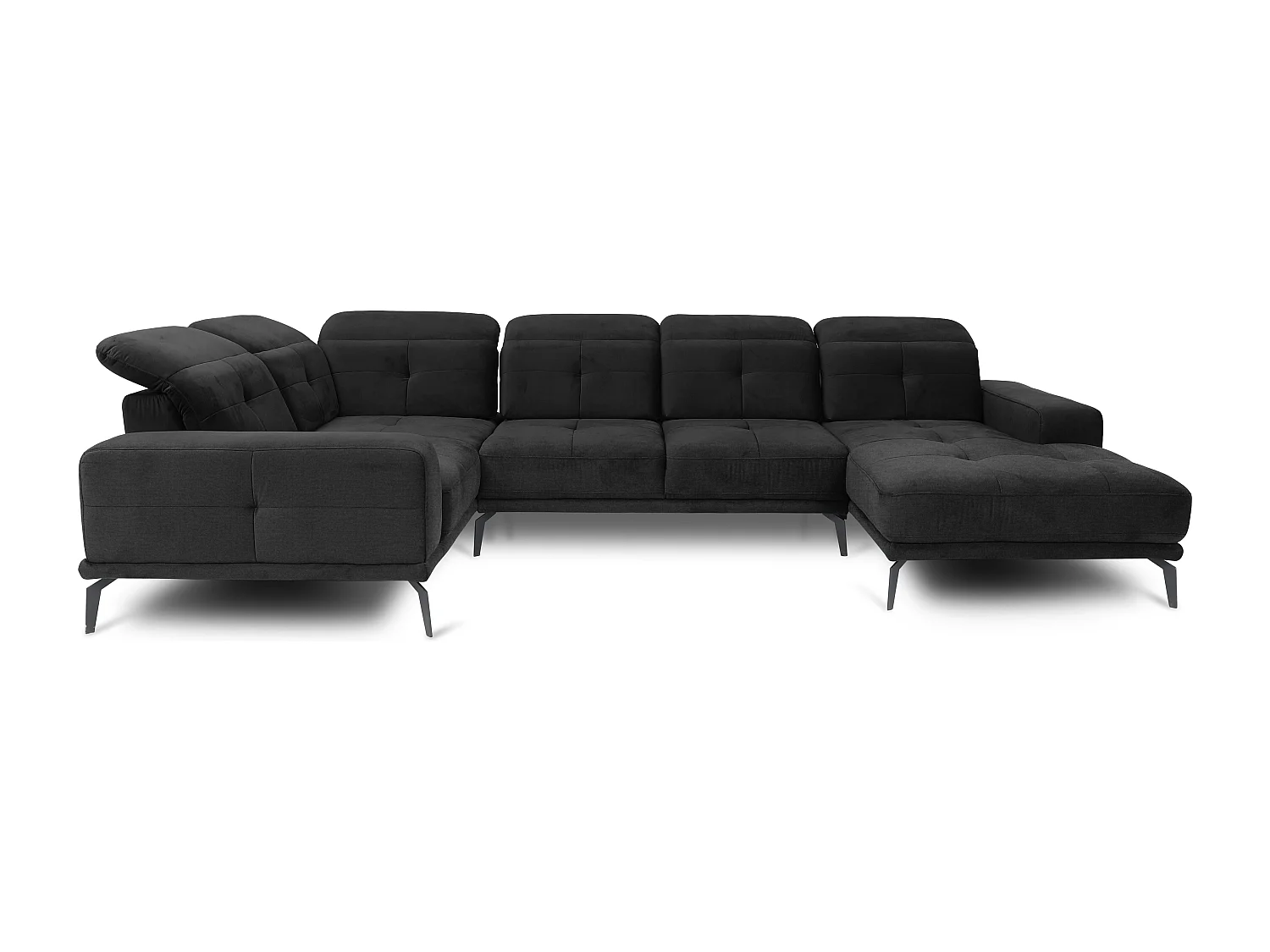 Design panoramische bank in zachte zwarte stof, hoekhoofdsteunen links met Stan armleuning 350 cm