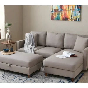 Converteerbare hoekbank met opbergpoef in lichtbeige Melano stof 210 cm-Model Juiste hoek
