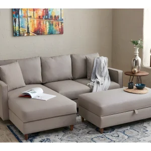 Converteerbare hoekbank met opbergpoef in lichtbeige Melano stof 210 cm-Model Linkerhoek