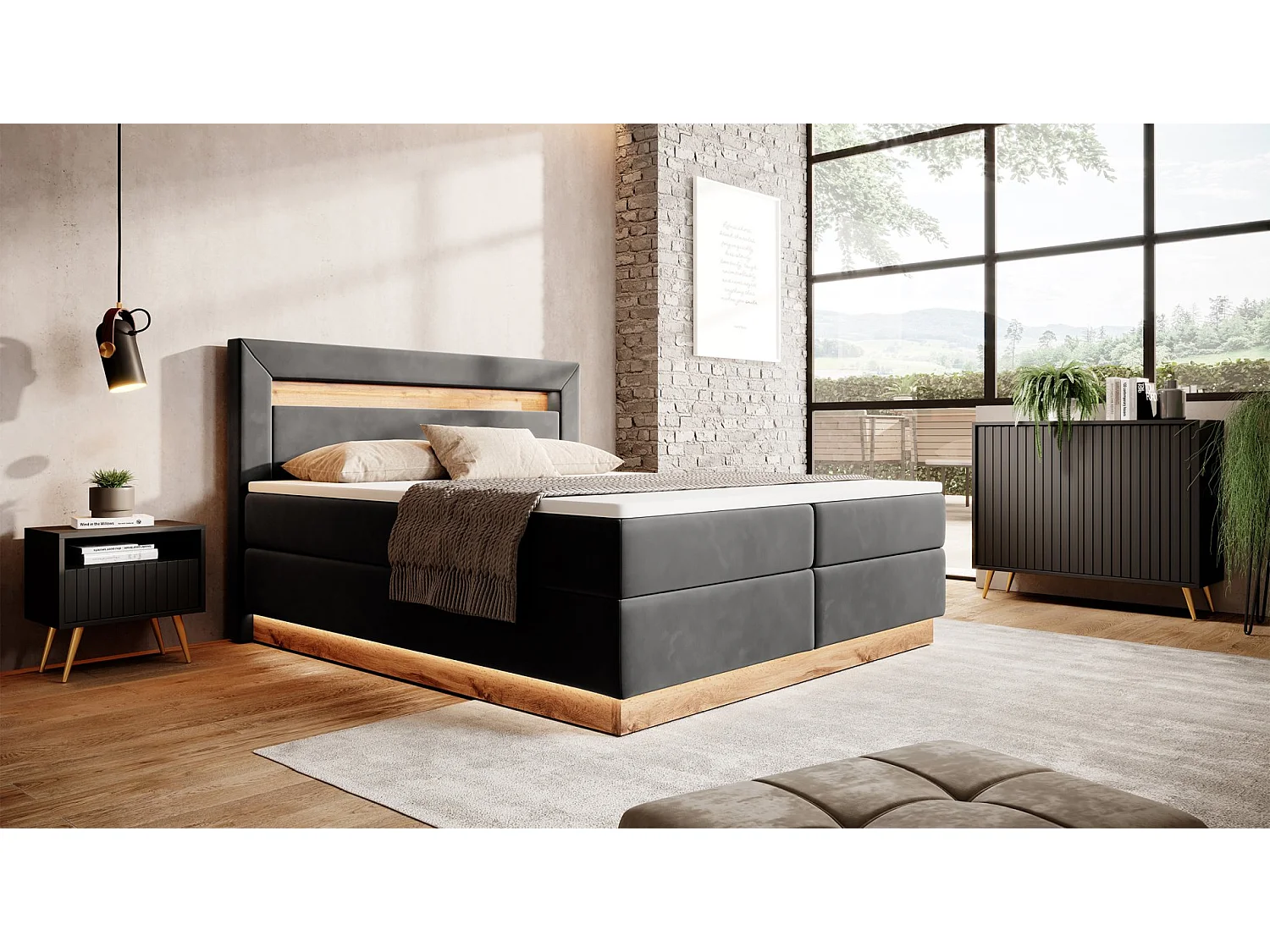 Continentaal bed - 140x200 cm - matrastopper en verlichting - grafiet fluweel - PROMIE