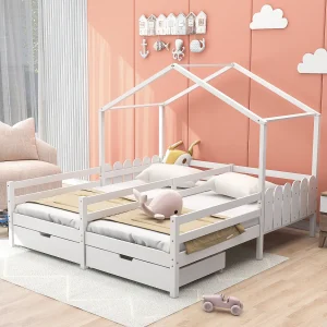 Cabinebed 2 x 90 x 200 cm met 2 laden – Grenenhout en MDF – Rails en lattenbodem – wit Cabinebed 2 x 90 x 200 cm met 2 laden – Grenenhout en MDF – Rails en lattenbodem – wit