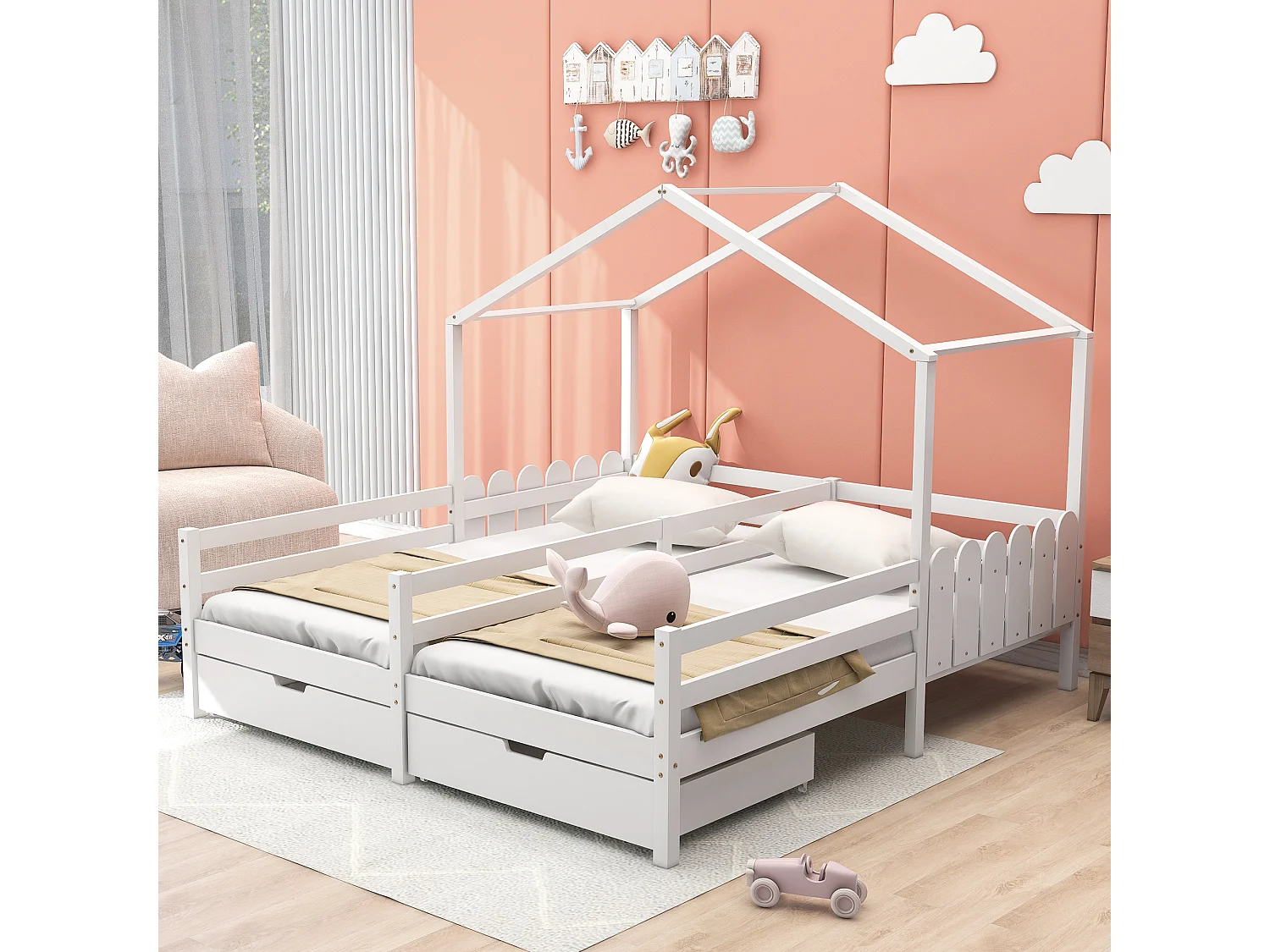 Cabinebed 2 x 90 x 200 cm met 2 laden - Grenenhout en MDF - Rails en lattenbodem - wit