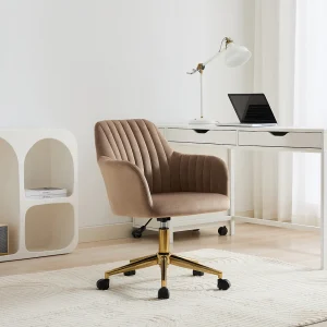 Bureaustoel fluweel beige en goudkleurig verstelbare hoogte – ELEANA Bureaustoel fluweel beige en goudkleurig verstelbare hoogte – ELEANA
