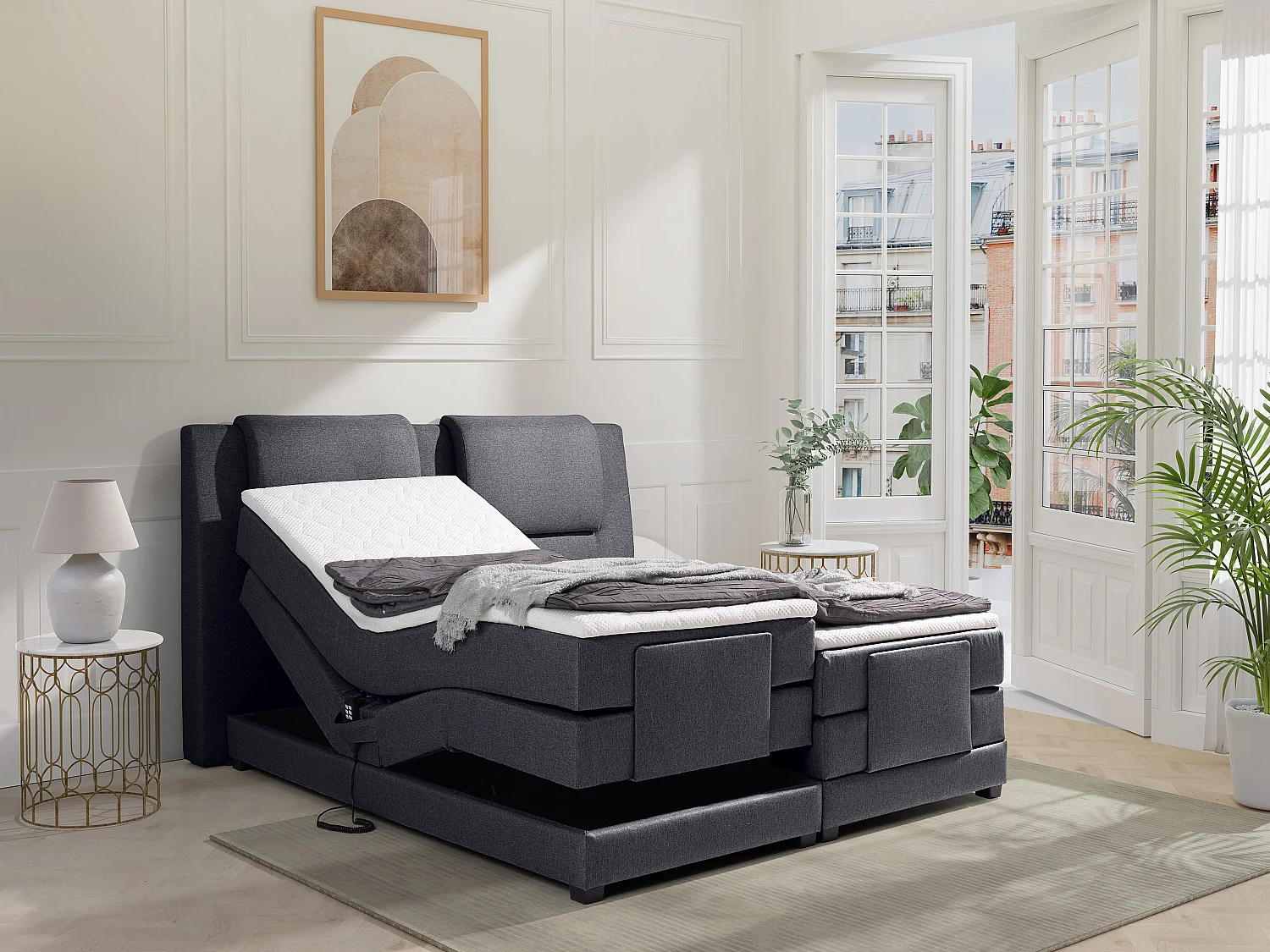 Set relax-boxspring van antracietgrijze stof 2 x 90 x 200 cm CASTEL