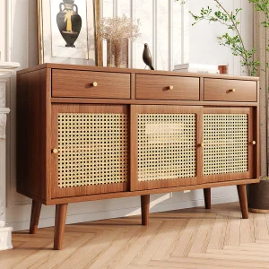 Buffet en rotin 120x40x78cm, avec 3 tiroirs et 3 portes coulissantes, pieds en bois massif, poignée en métal doré, étagères réglables, noyer Buffet en rotin 120x40x78cm, avec 3 tiroirs et 3 portes coulissantes, pieds en bois massif, poignée en métal doré, étagères réglables, noyer