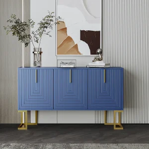 Buffet 138x40x80.5cm, armoire avec 3 portes, étagères réglables, portes en forme de U, base en métal, bleu marine Buffet 138x40x80.5cm, armoire avec 3 portes, étagères réglables, portes en forme de U, base en métal, bleu marine