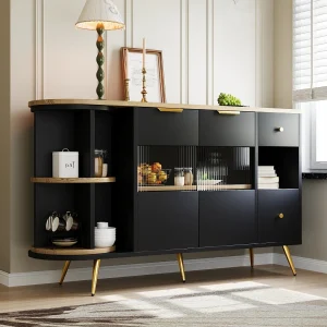 Buffet de cuisine 130x40x80cm, armoires de rangement de salon avec portes coulissantes en verre et lumières LED, MDF, noir Buffet de cuisine 130x40x80cm, armoires de rangement de salon avec portes coulissantes en verre et lumières LED, MDF, noir