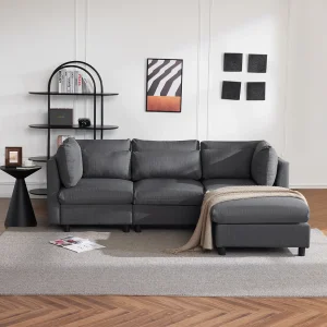 3-4 Zits Hoekbank, L Vorm Gestoffeerde Meubels, Linnen Stof, 220x83x81cm, Grijs 3-4 Zits Hoekbank, L Vorm Gestoffeerde Meubels, Linnen Stof, 220x83x81cm, Grijs