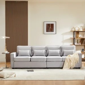 4-zitsbank, 264x83x87cm, linnen stof, met armleuningzakken en 4 kussens, eenvoudige stijl, voor woonkamer, lichtgrijs 4-zitsbank, 264x83x87cm, linnen stof, met armleuningzakken en 4 kussens, eenvoudige stijl, voor woonkamer, lichtgrijs