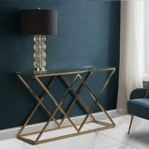 Sidetable CHARLOTTE – Gehard glas en staal – Goudkleurig Sidetable CHARLOTTE – Gehard glas en staal – Goudkleurig
