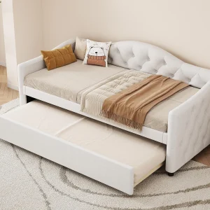 Daybed bed 90x200cm + onderschuifbed 90x190cm – opgevuld met linnen stof – Beige (matras niet inbegrepen) Daybed bed 90x200cm + onderschuifbed 90x190cm – opgevuld met linnen stof – Beige (matras niet inbegrepen)