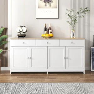 Buffet Moderne avec 4 Portes et 3 tiroirs, Buffet pour Salle à Manger et salon, 160 x 37 x 75 cm – Blanc Antique + Bois Naturel Buffet Moderne avec 4 Portes et 3 tiroirs, Buffet pour Salle à Manger et salon, 160 x 37 x 75 cm – Blanc Antique + Bois Naturel