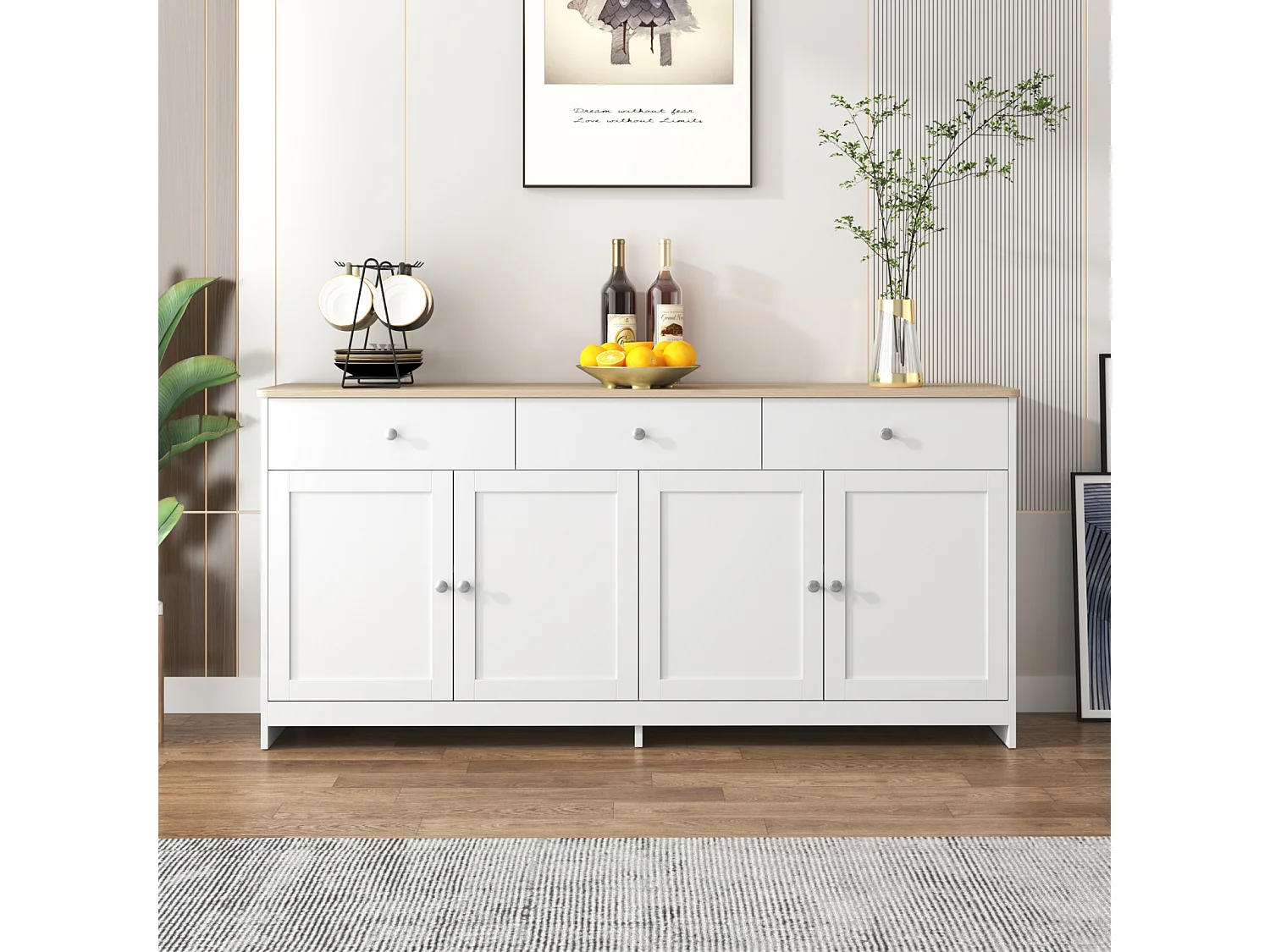 Buffet Moderne avec 4 Portes et 3 tiroirs, Buffet pour Salle à Manger et salon, 160 x 37 x 75 cm - Blanc Antique + Bois Naturel