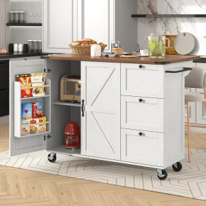 Centraal verrijdbaar keukeneiland met 2 deuren en 3 laden – uitschuifbaar blad – 140 x 45/73 x 92,5 cm – MDF hout + metaal – Wit + naturel