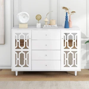 Buffet 147.5x40x102cm, avec 2 portes et 4 tiroirs, porte avec verre pour salon, salle à manger, blanc Buffet 147.5x40x102cm, avec 2 portes et 4 tiroirs, porte avec verre pour salon, salle à manger, blanc