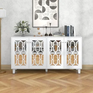 Buffet 160x40x81cm, avec 4 portes à miroir, stratifié mobile, poignées en cristal froid, pour salon et salle à manger, blanc Buffet 160x40x81cm, avec 4 portes à miroir, stratifié mobile, poignées en cristal froid, pour salon et salle à manger, blanc