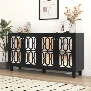 Buffet 160x40x81cm, avec 4 portes à miroir, stratifié mobile, poignées en cristal froid, pour salon et salle à manger, noir Buffet 160x40x81cm, avec 4 portes à miroir, stratifié mobile, poignées en cristal froid, pour salon et salle à manger, noir