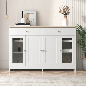 Buffet en bois blanc veiné 120 Lx37 Bx80H(cm) – Buffet avec 4portes avec verre et 2 tiroir pour cuisine, salon, salle à manger – Blanc Buffet en bois blanc veiné 120 Lx37 Bx80H(cm) – Buffet avec 4portes avec verre et 2 tiroir pour cuisine, salon, salle à manger – Blanc