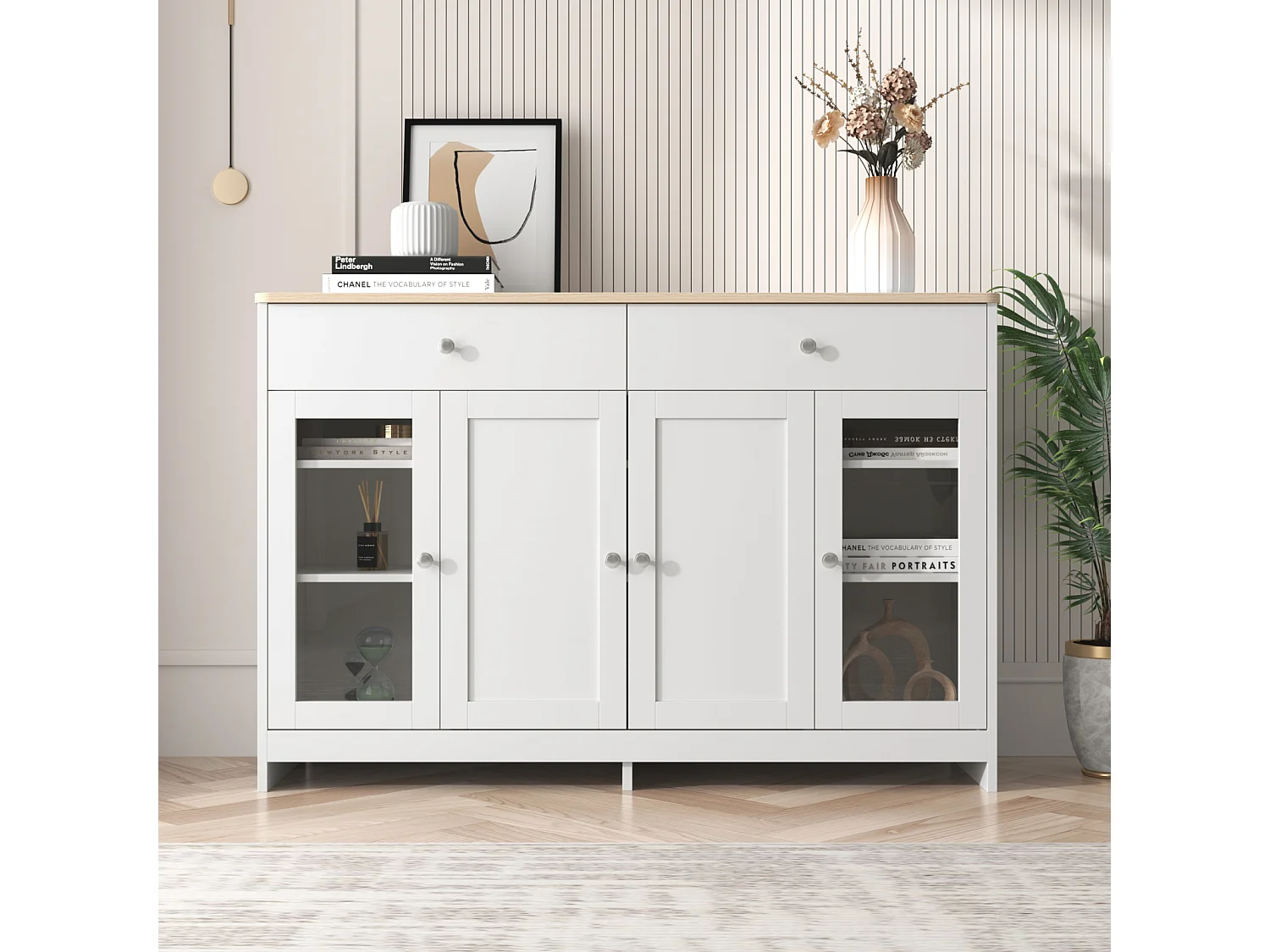 Buffet en bois blanc veiné 120 Lx37 Bx80H(cm) - Buffet avec 4portes avec verre et 2 tiroir pour cuisine, salon, salle à manger - Blanc