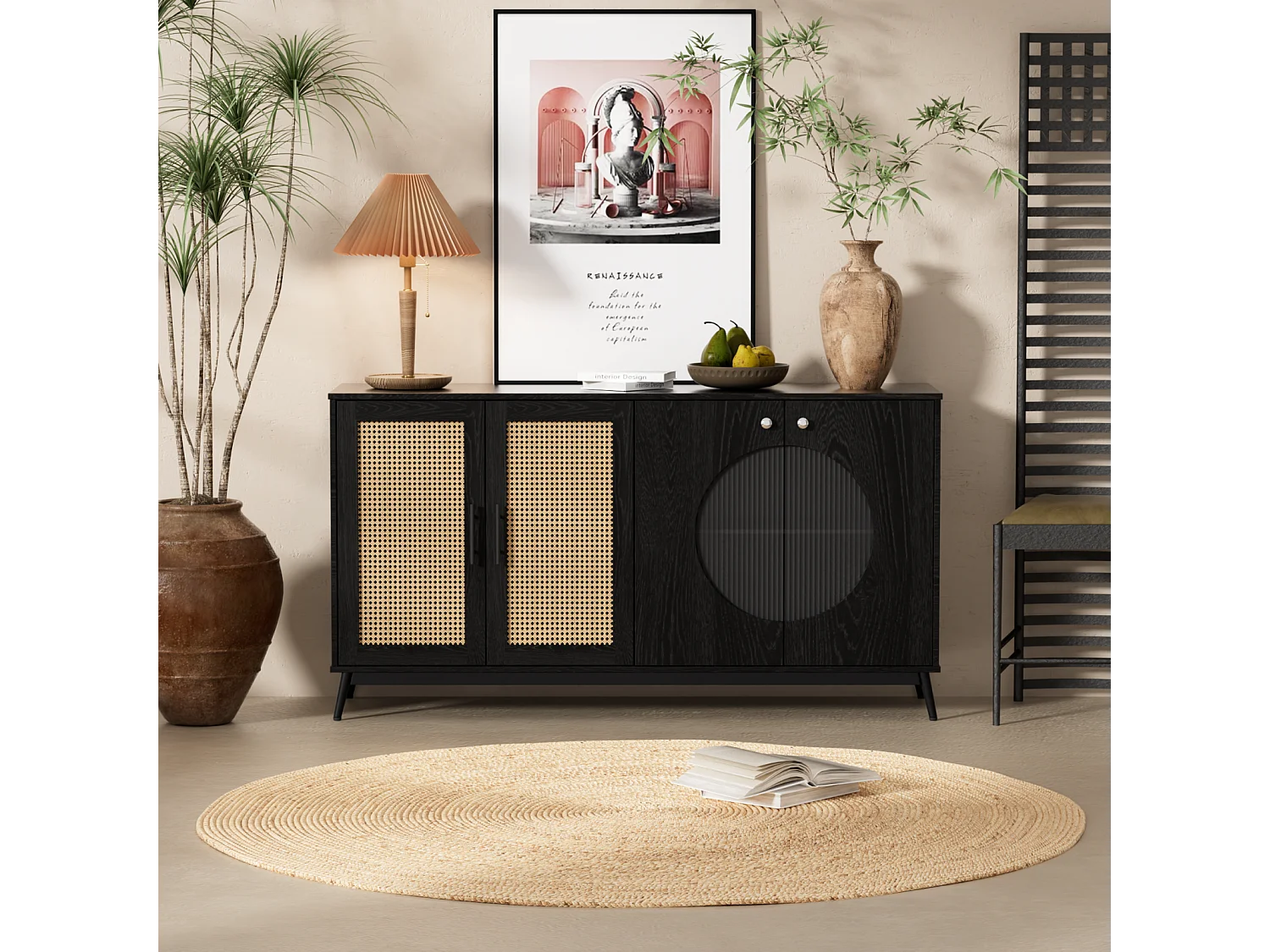 Buffet 160x40x80cm, avec 3 portes en verre en rotin, 2 portes demi-ronde, haute qualité, noir