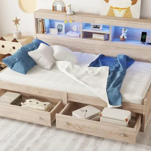 Daybed bed 90x200cm – met USB-aansluiting & 2 lades – lattenbodem – Naturel Daybed bed 90x200cm – met USB-aansluiting & 2 lades – lattenbodem – Naturel