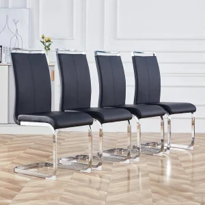 Sled Base Chair Set van 4 – Chromen metalen basis Draagt ​​tot 120 kg Zachte vulling met kunstleren hoes – Zwart