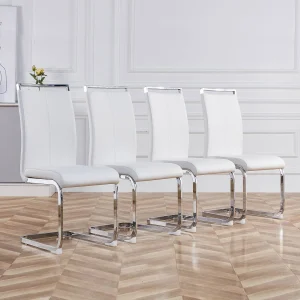 Sled Base Stoel Set van 4 – Chrome Metalen Basis Ondersteunt tot 120 kg Zachte vulling met kunstleren bekleding – Wit