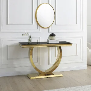 Consoletafel van gehard glas en roestvrij staal – Goudkleurig en zwart – ROWAN van Pascal Morabito Consoletafel van gehard glas en roestvrij staal – Goudkleurig en zwart – ROWAN van Pascal Morabito