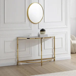 Consoletafel van keramiek en roestvrij staal – Wit marmereffect en goudkleurig – CYLIAN