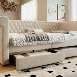 Dagbed met 2 lades in linnenstof – 90x200cm – met lattenbodem – Beige Dagbed met 2 lades in linnenstof – 90x200cm – met lattenbodem – Beige