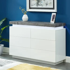 Ladekast HALO II – 6 lades – Gelakt mdf – Met ledverlichting – Kleur: wit en beton