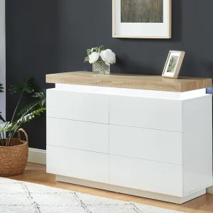 Ladekast HALO II – 6 lades – Gelakt mdf – Met ledverlichting – Kleur: wit en eiken